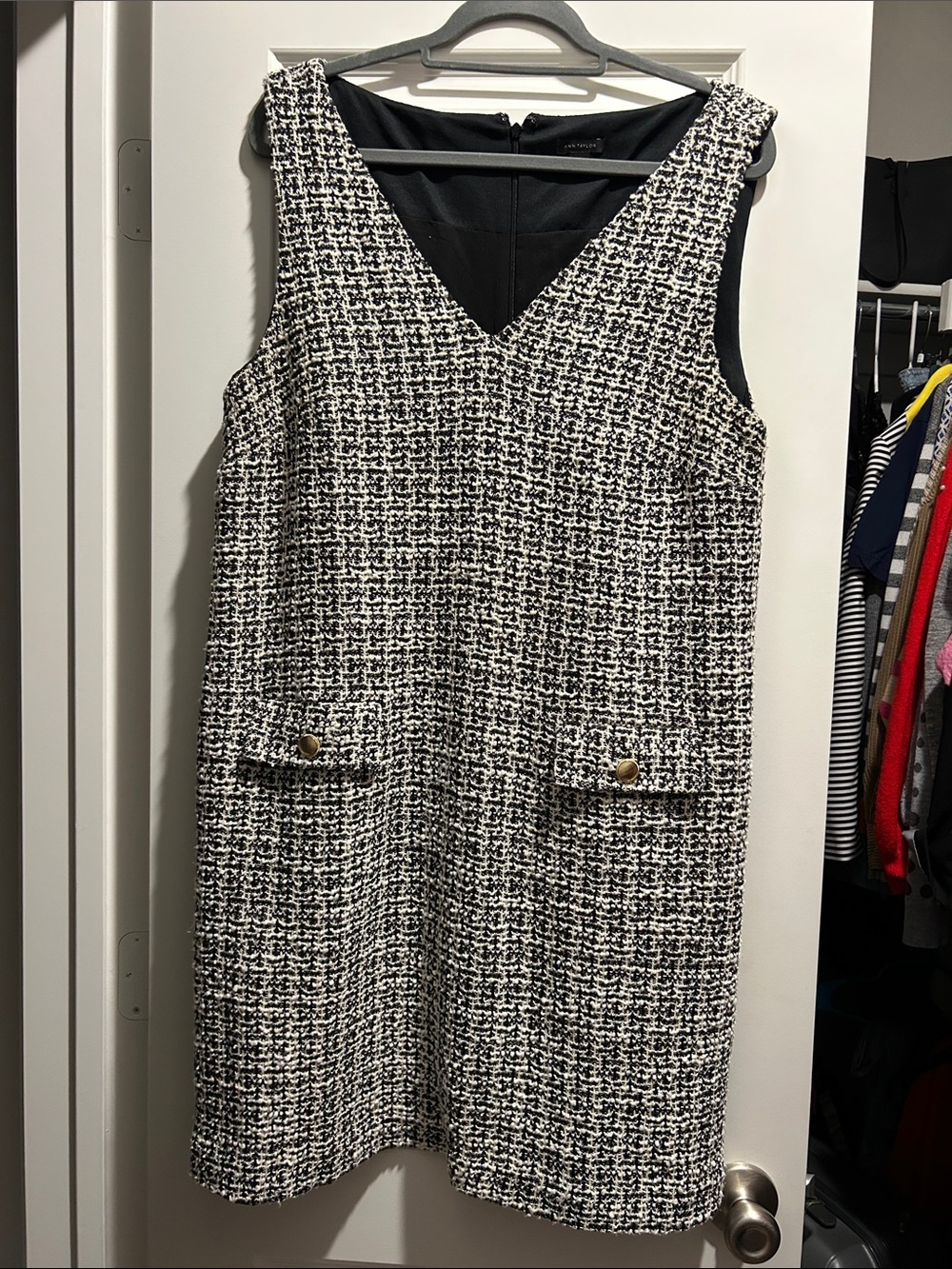 Ann Taylor Black and White Tweed V-Neck Shift Dress